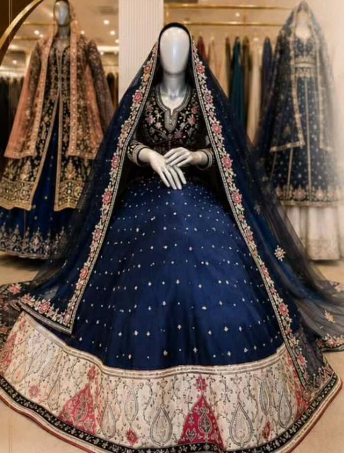 Navy blue bridal lehenga with red border