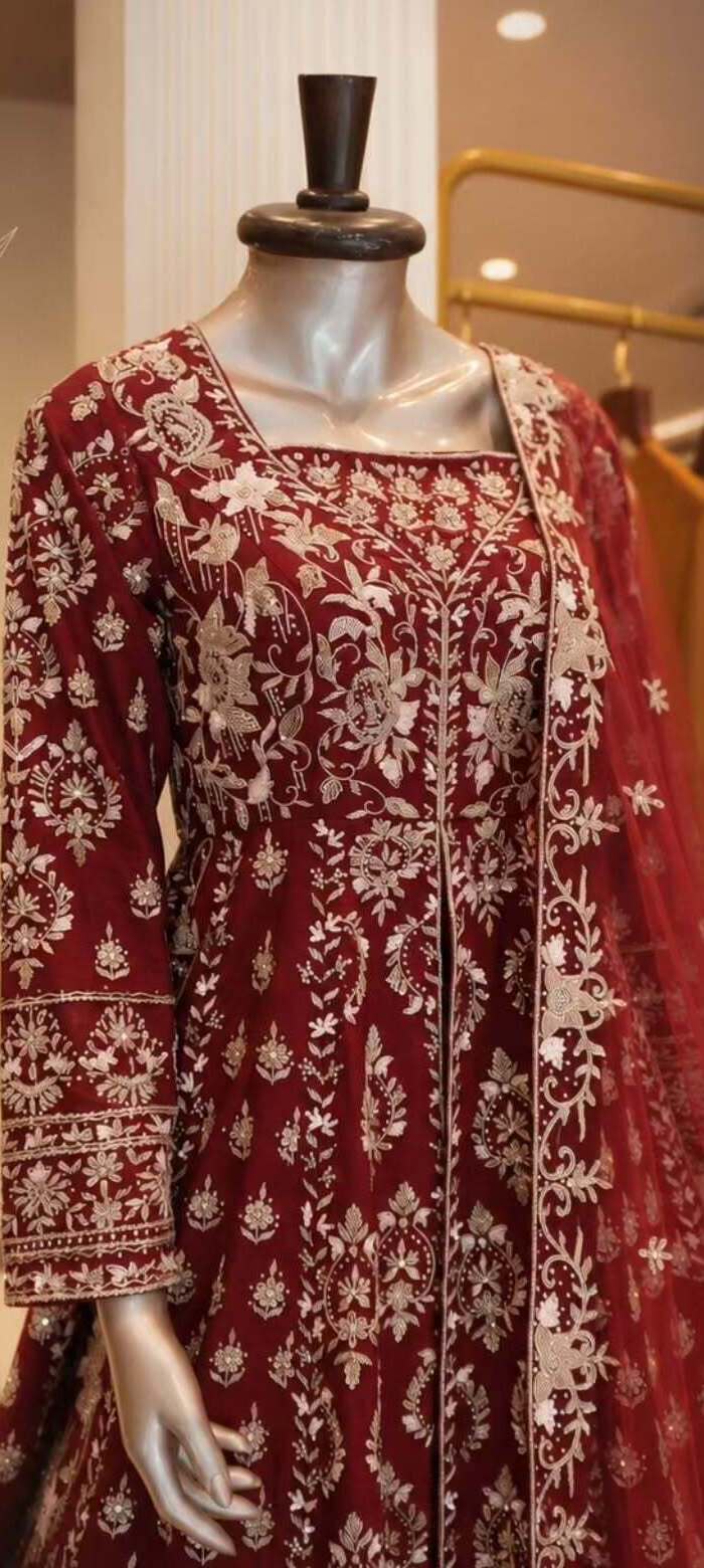 Maroon anarkali with zardozi embroidery detail