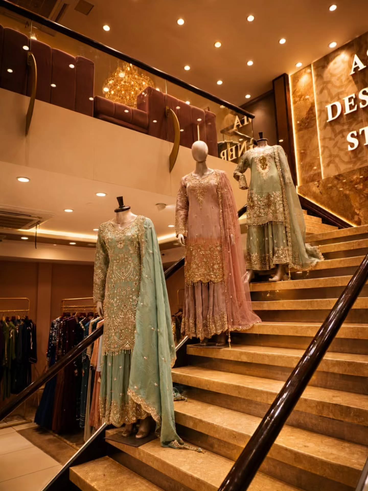 Mint, blush and sage sharara sets on display
